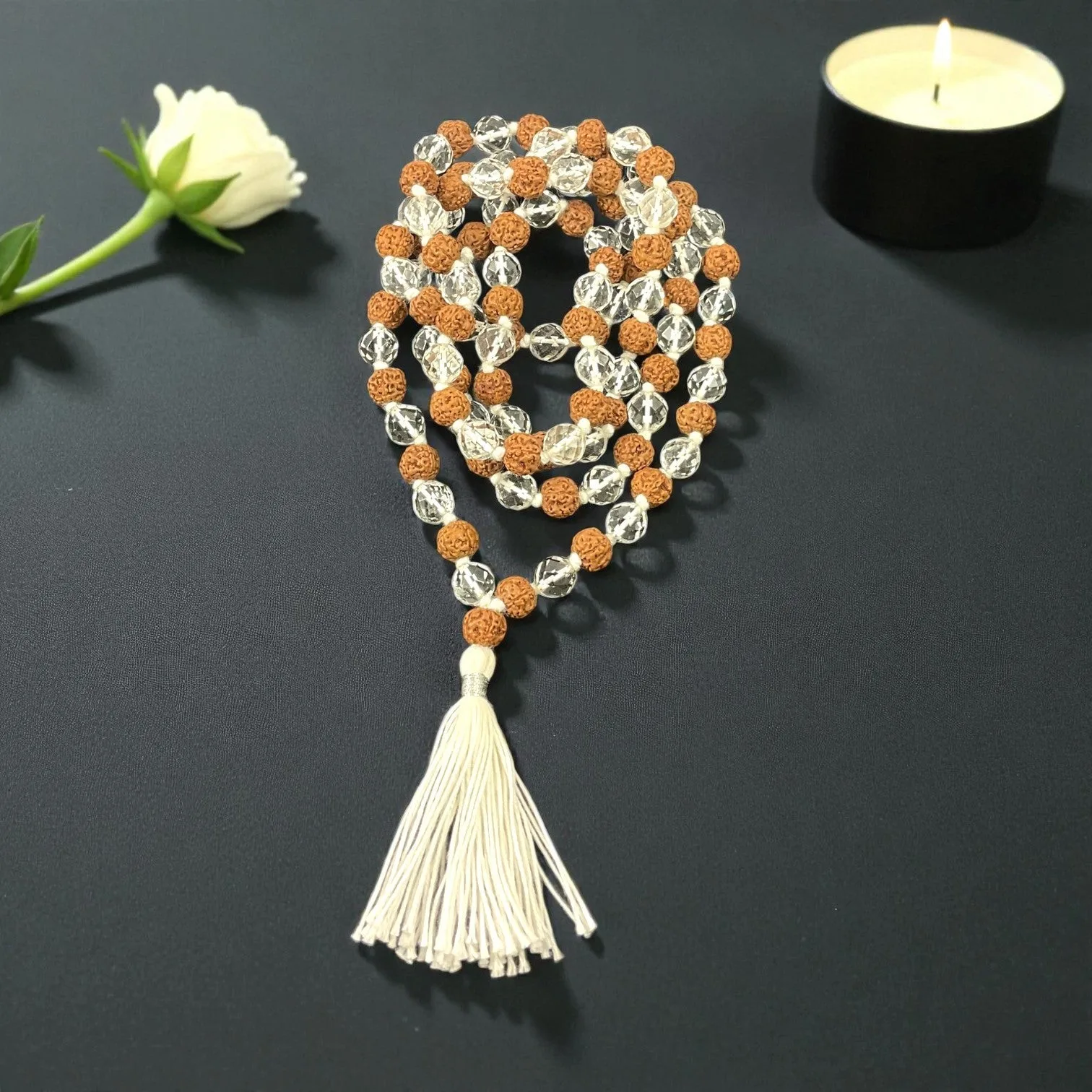 Rudraksha & Clear Quartz Mala (108 beads) 8 mm