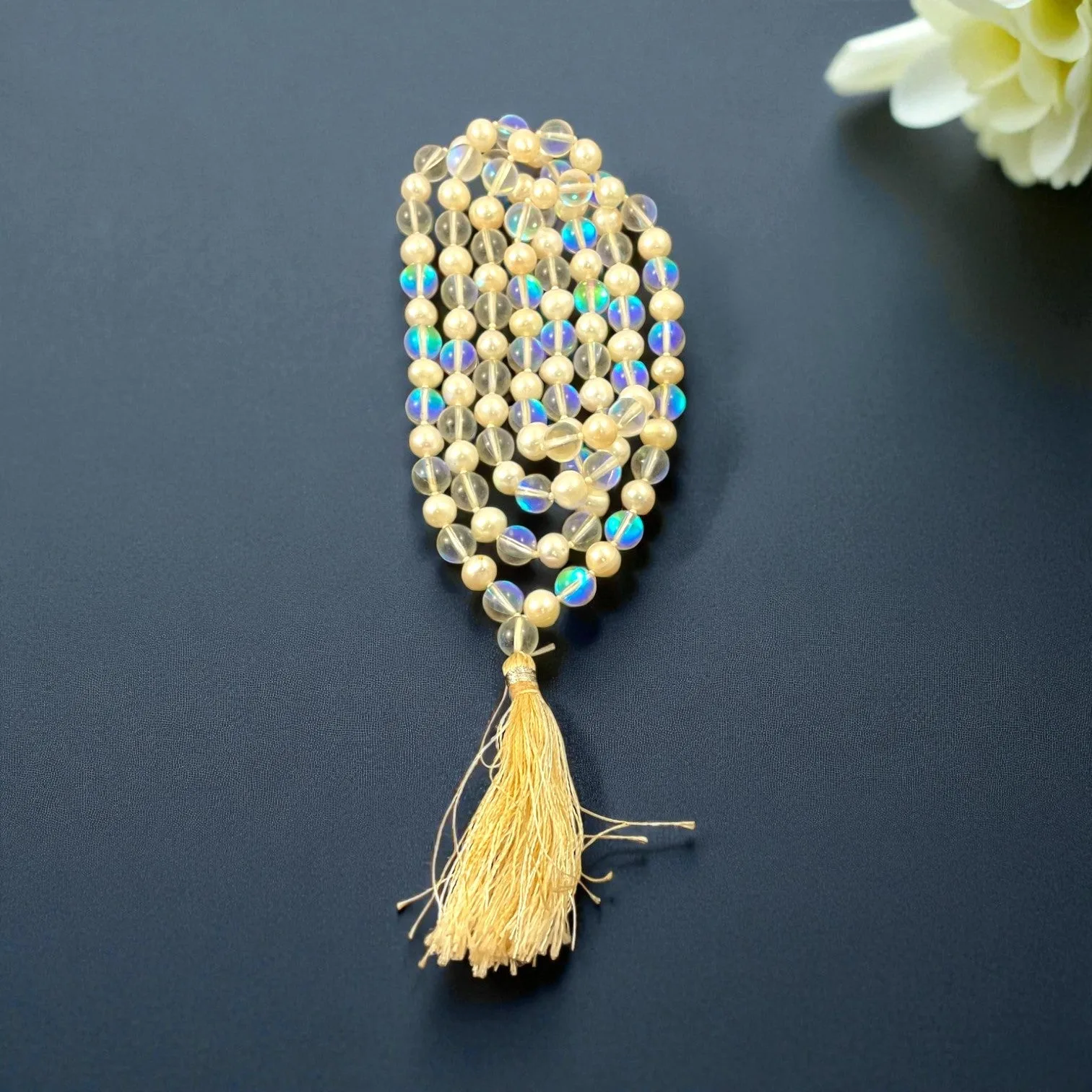 Aura Quartz & Pearl Mala (108 beads) 8 mm