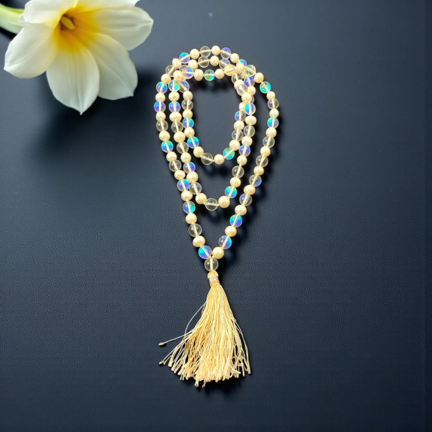 Aura Quartz & Pearl Mala (108 beads) 8 mm