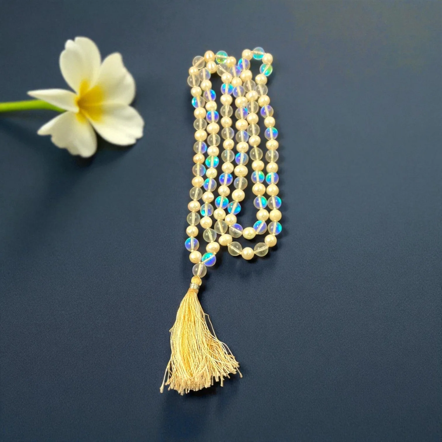 Aura Quartz & Pearl Mala (108 beads) 8 mm