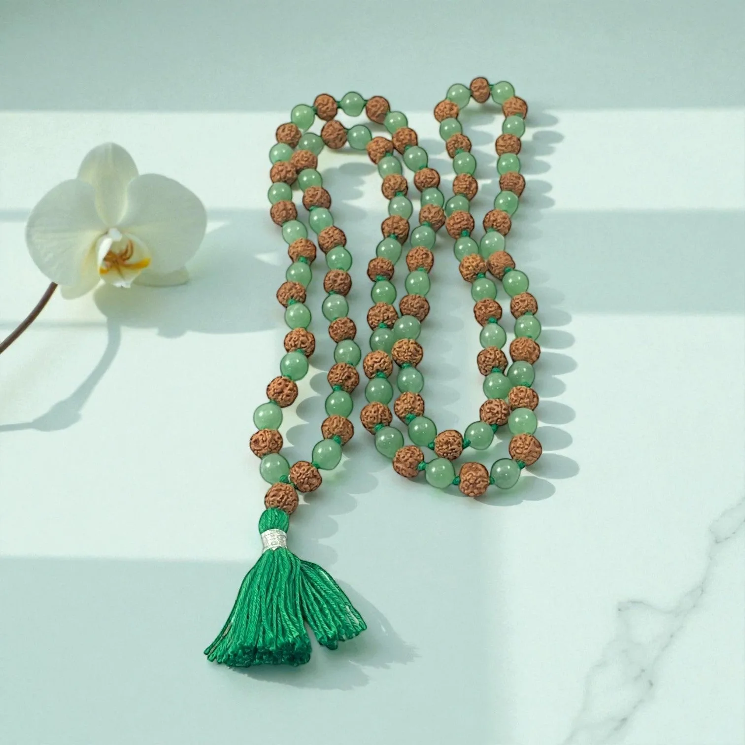 Green Aventurine & Rudraksha Mala (108 beads) 8 mm