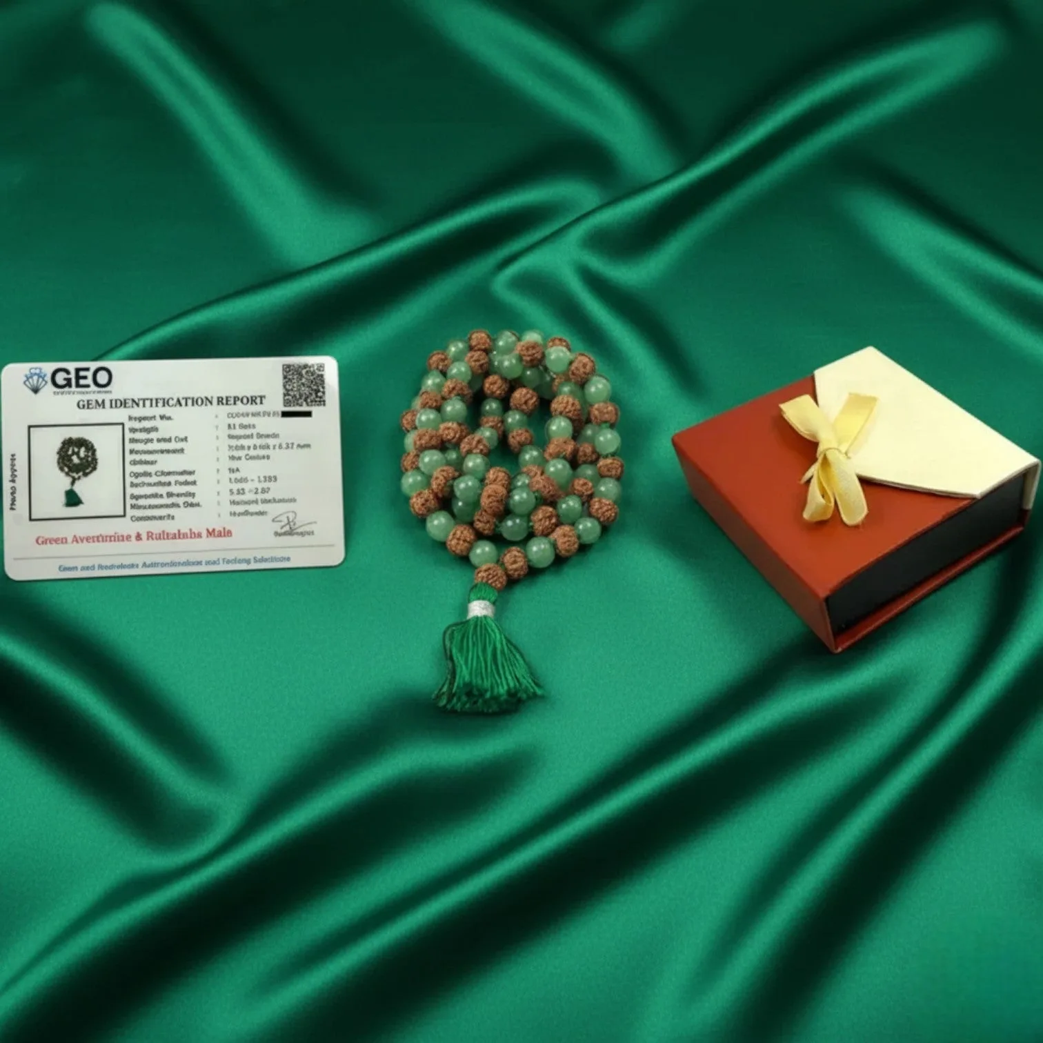 Green Aventurine & Rudraksha Mala (108 beads) 8 mm