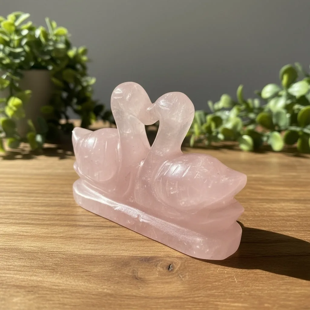 Rose Quartz Mandarin Ducks Pair (615 Gm)
