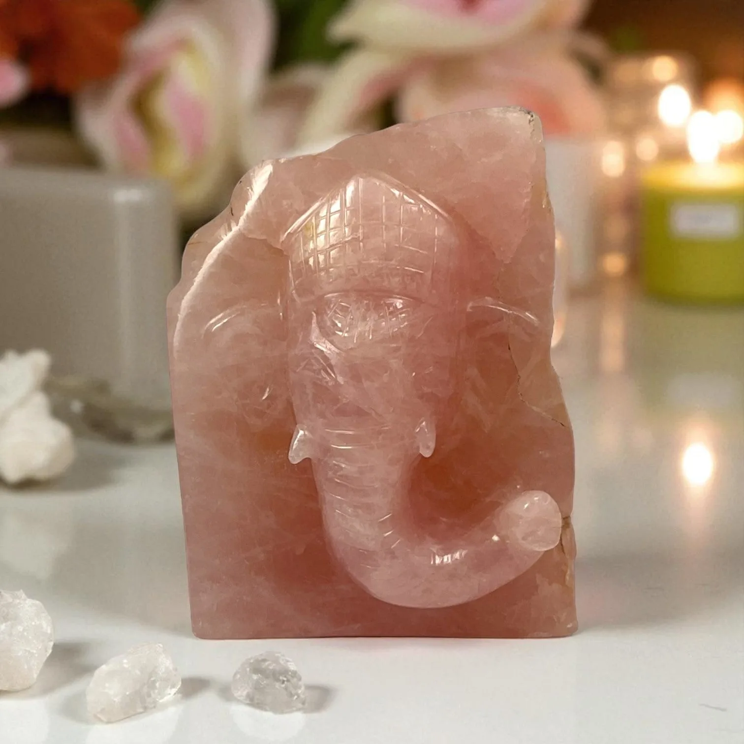 Rose Quartz Slab Ganesh Statue