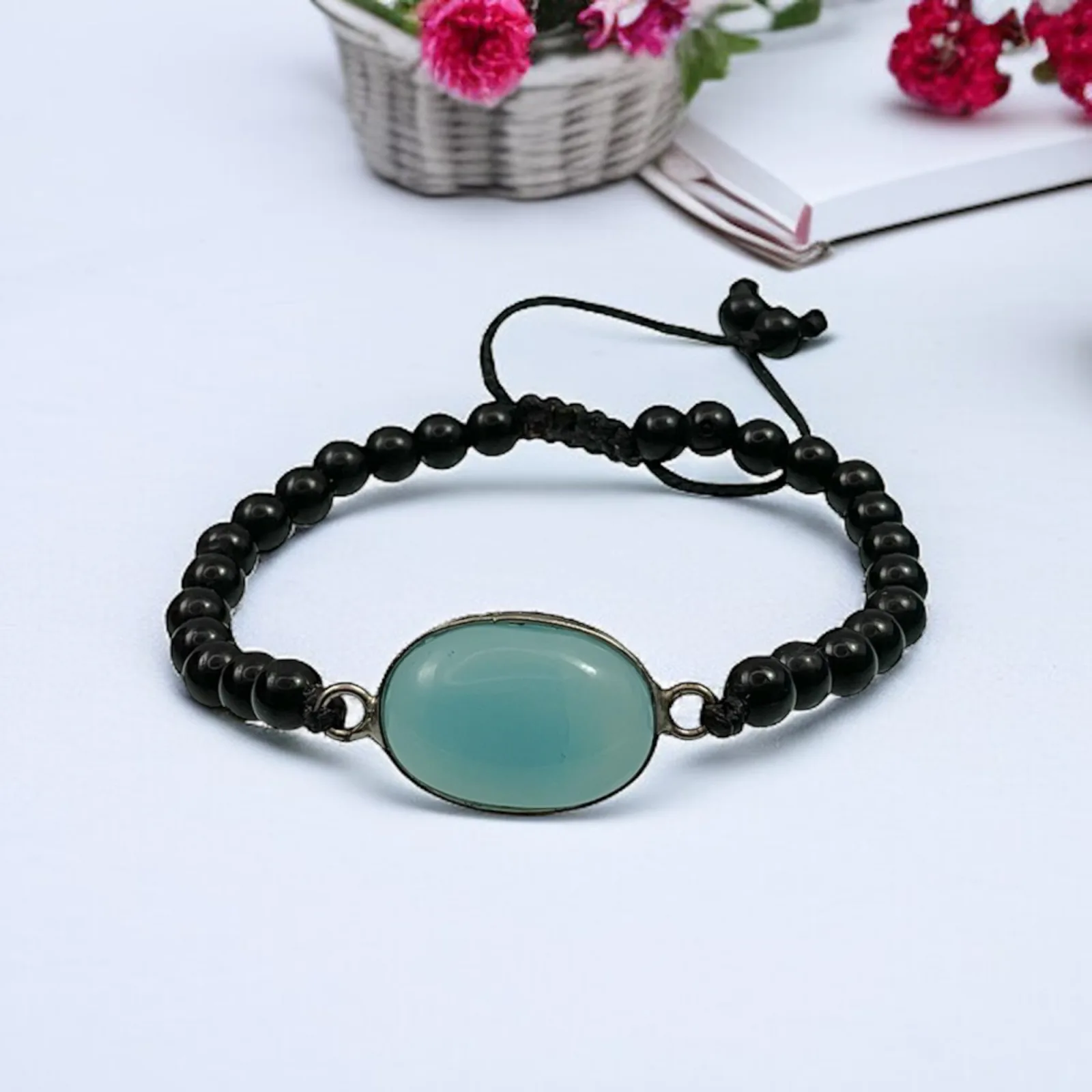 Blue Chalcedony & Black Agate Healing Bracelet