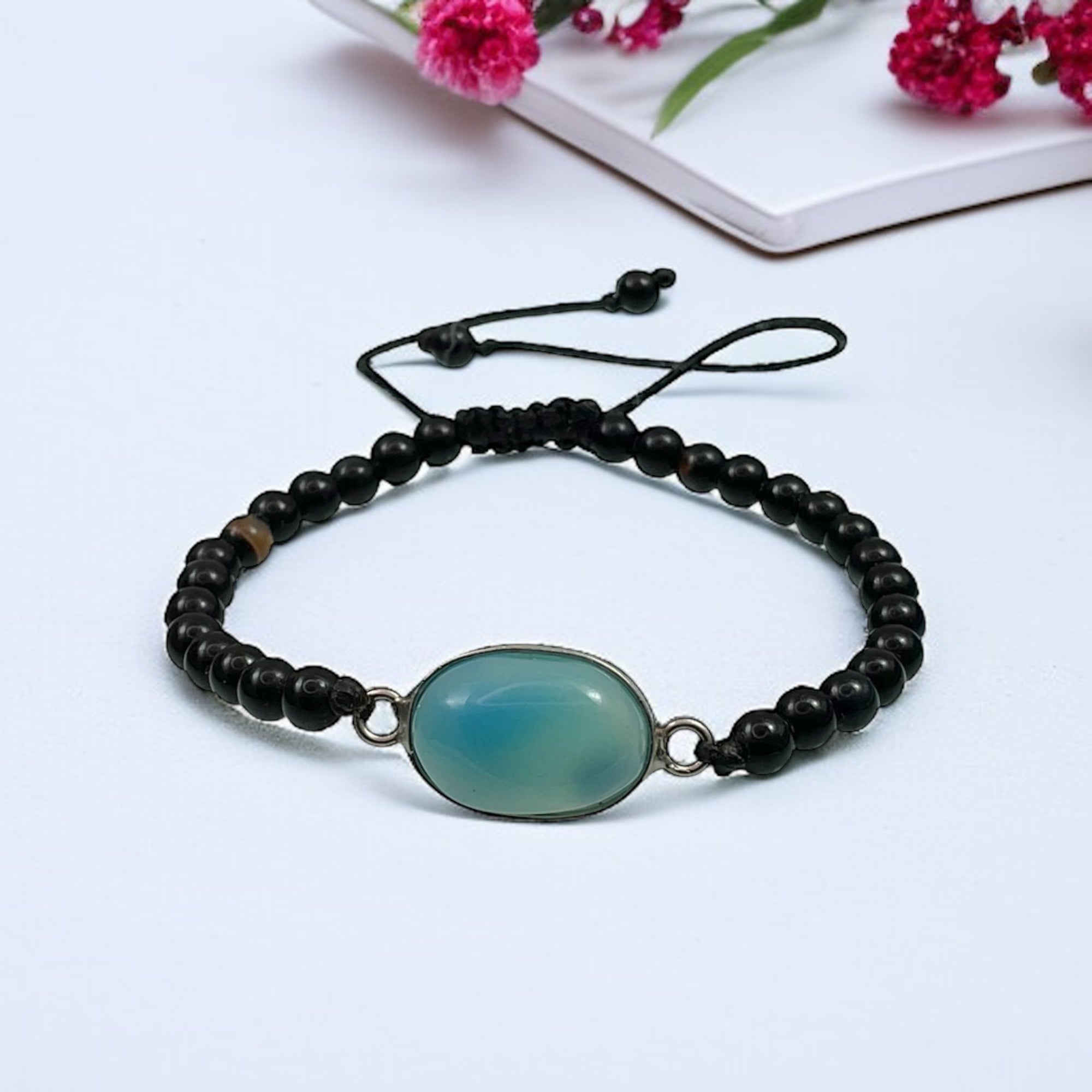Blue Chalcedony & Black Agate Healing Bracelet