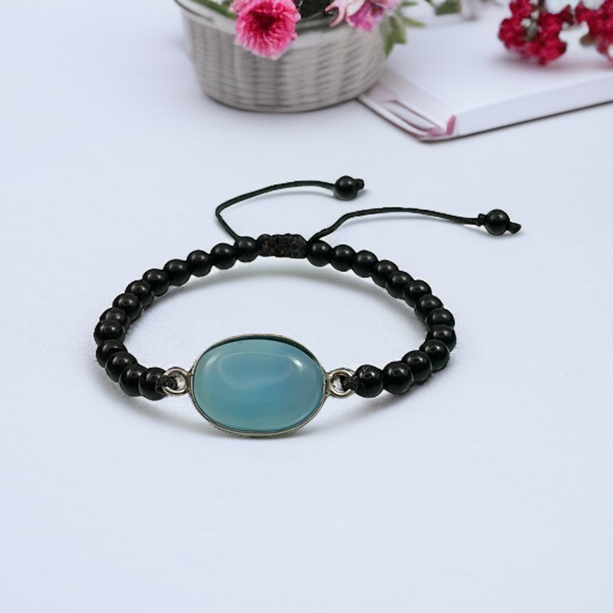 Blue Chalcedony & Black Agate Healing Bracelet