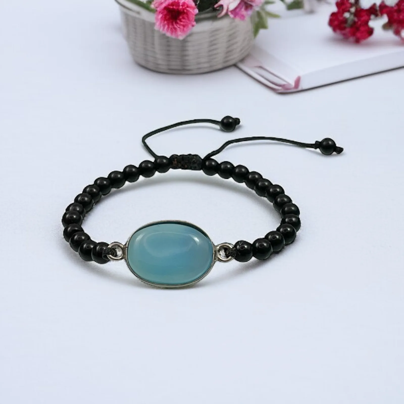 Blue Chalcedony & Black Agate Healing Bracelet