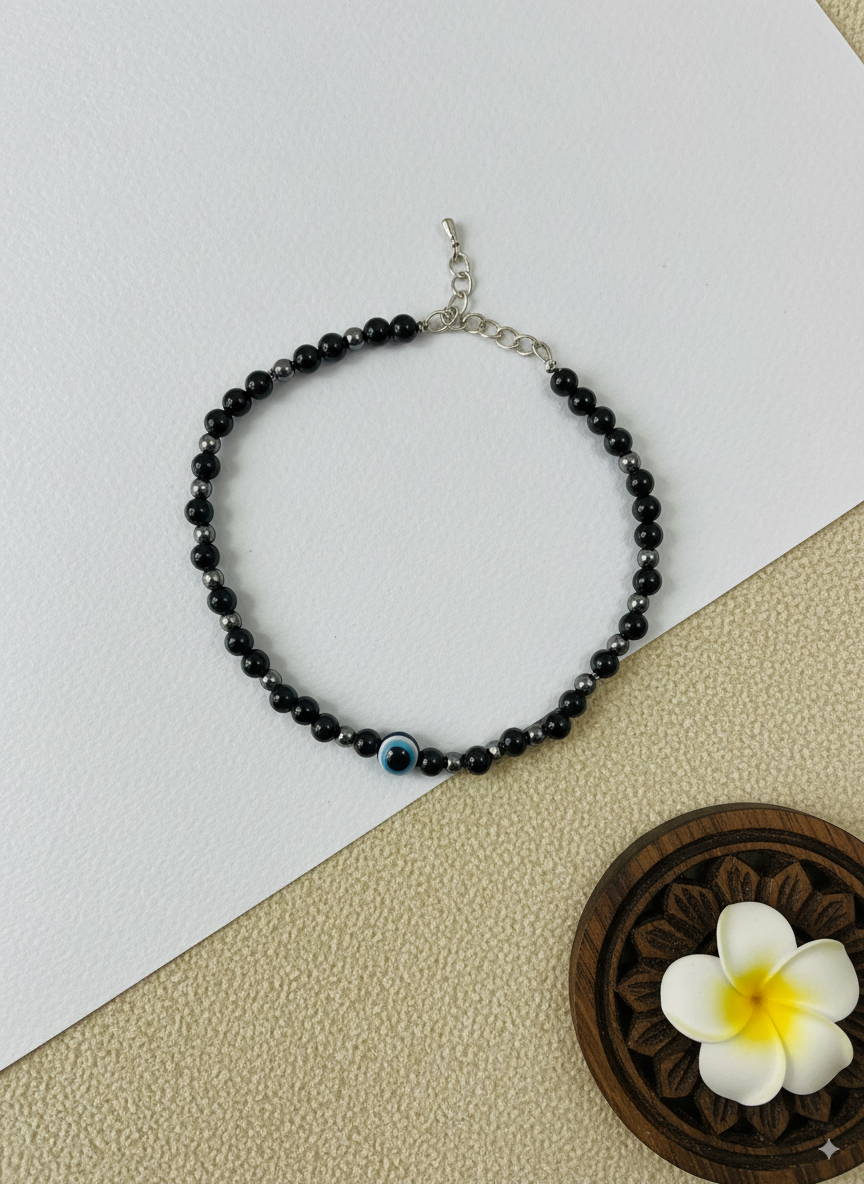 Black Bead Evil Eye Charm Anklet