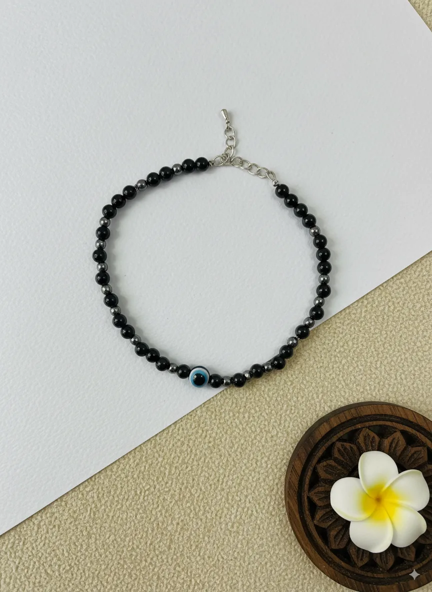 Black Bead Evil Eye Charm Anklet