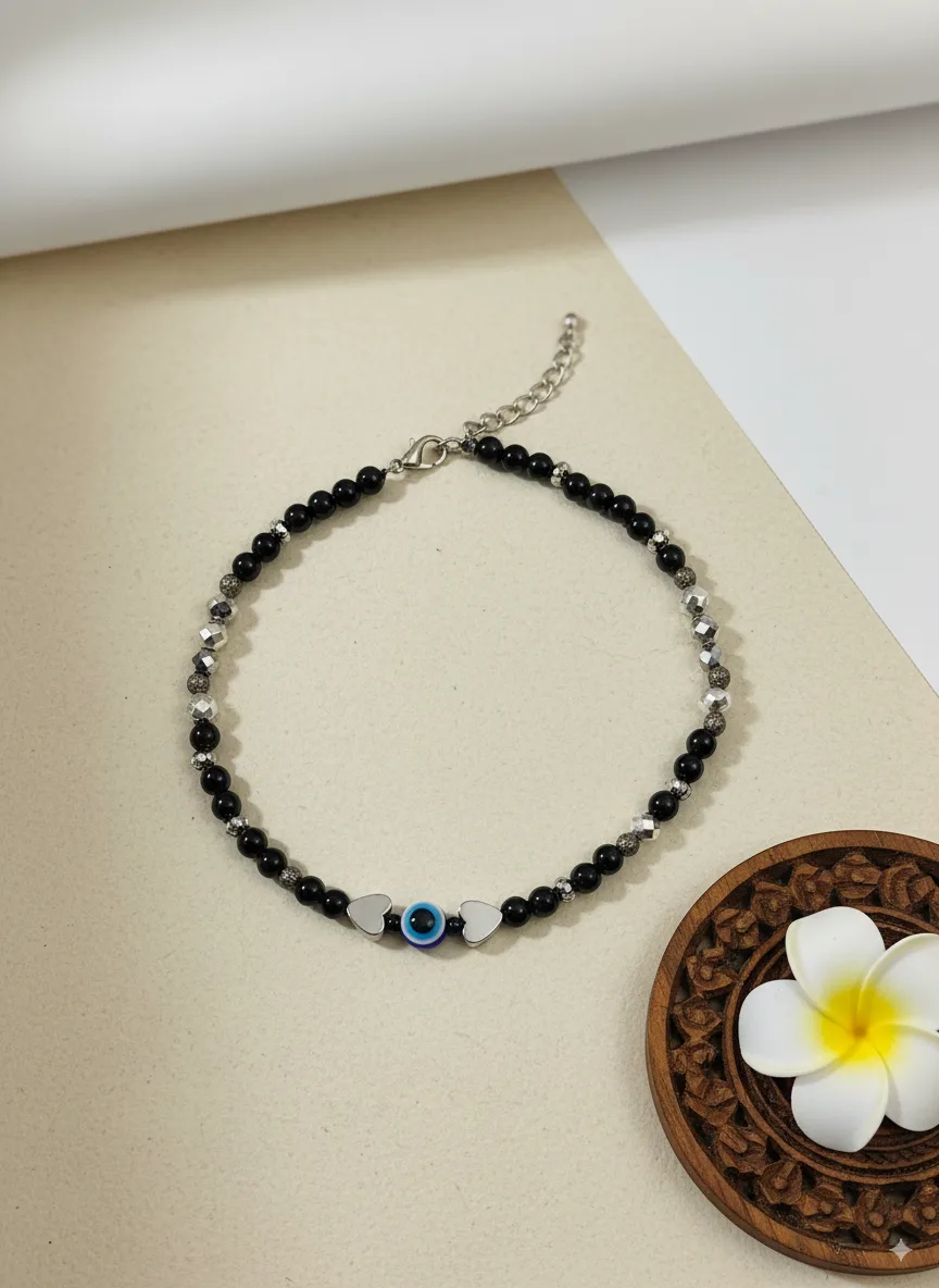 Black Bead Evil Eye Charm Anklet