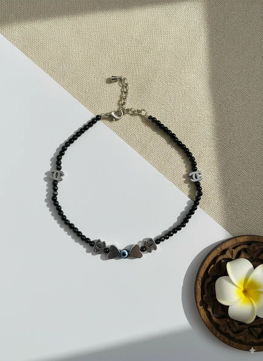 Black Bead Evil Eye Charm Anklet