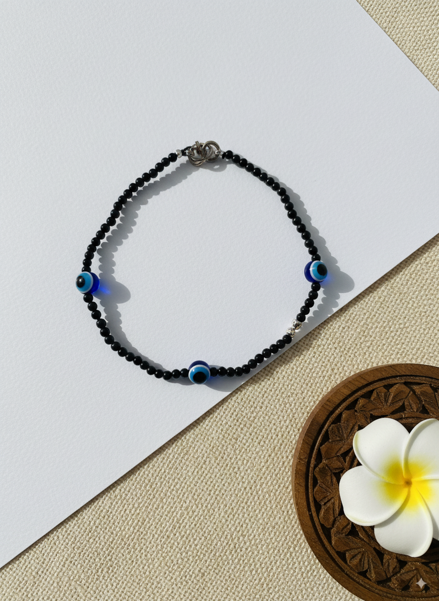 Black Bead Evil Eye Charm Anklet