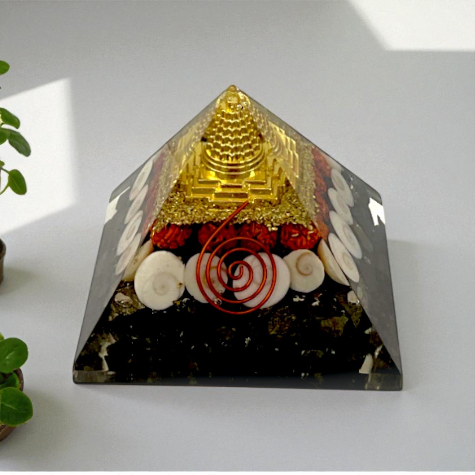 Pyrite Crystal Money Magnet Pyramid with Shree Yantra & Copper Spiral