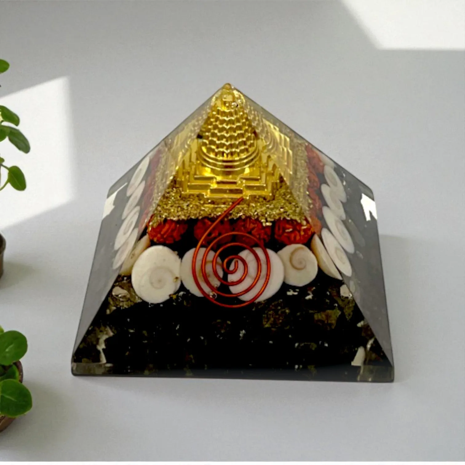 Pyrite Crystal Money Magnet Pyramid with Shree Yantra & Copper Spiral