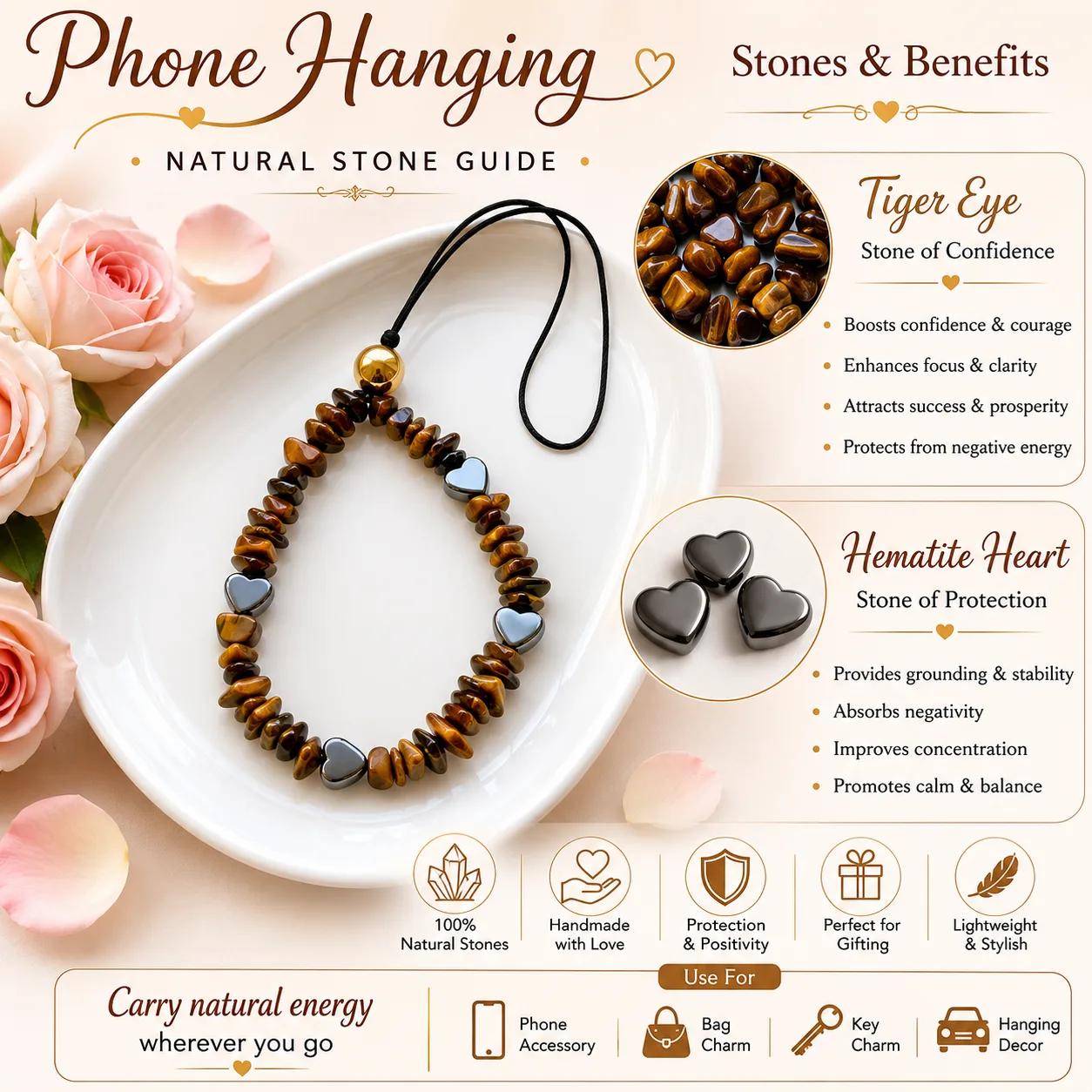 Natural Tiger Eye & Hematite Phone Hanging