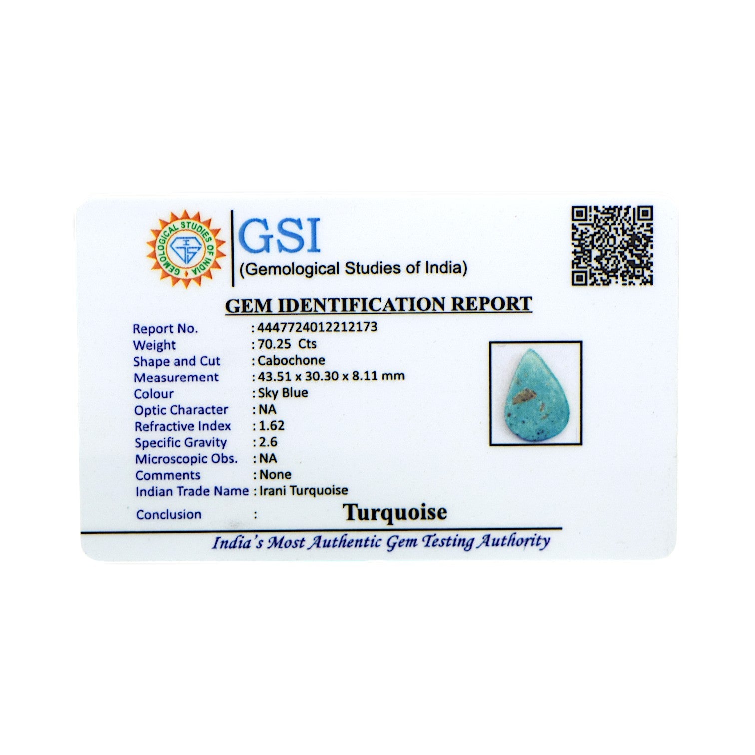 Irani Turquoise - 70.25 Carat / AA-Quality
