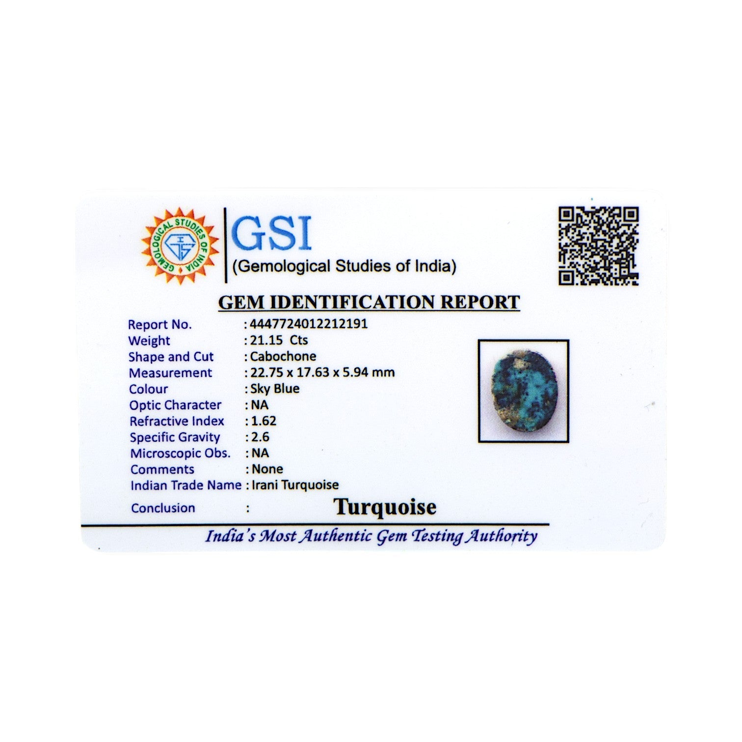 Irani Turquoise - 21.15 Carat / AA-Quality