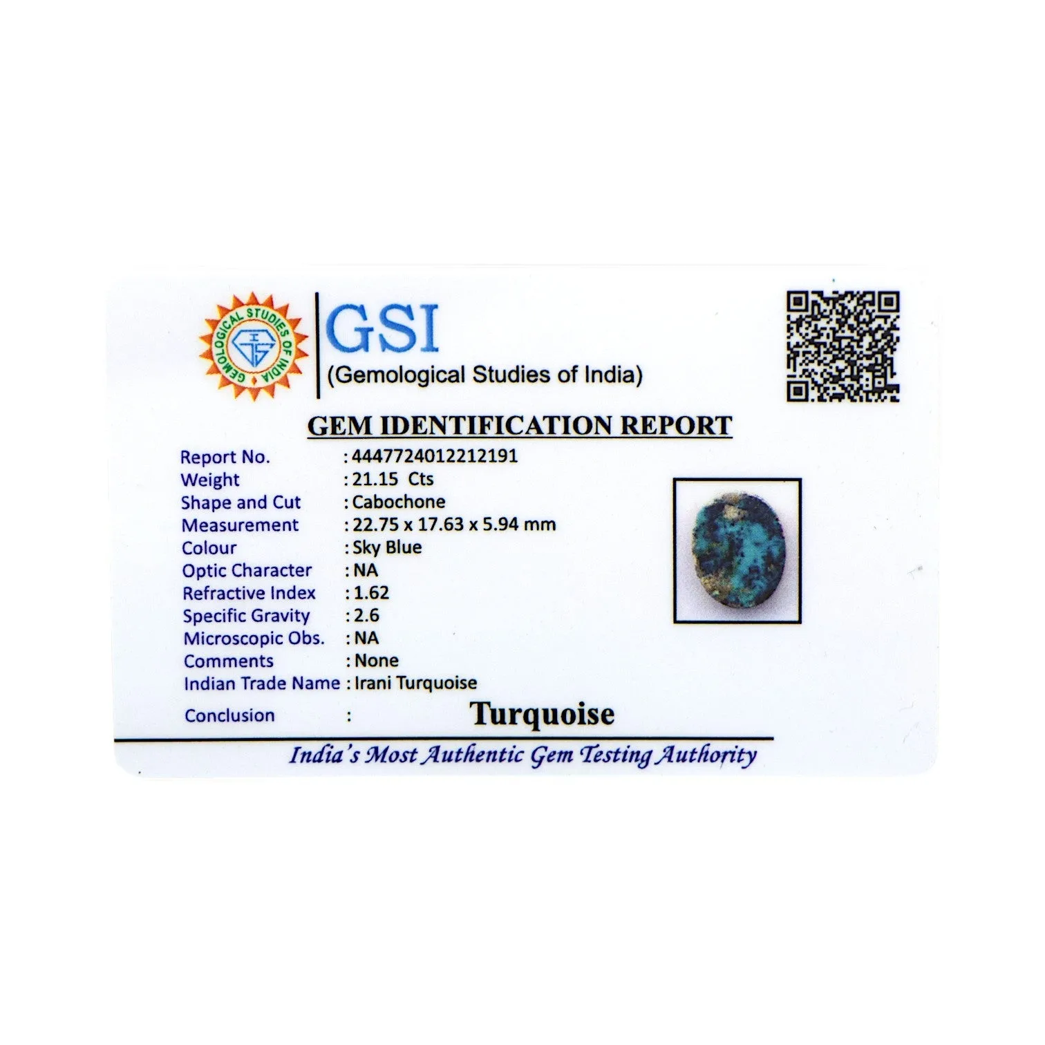 Irani Turquoise - 21.15 Carat / AA-Quality