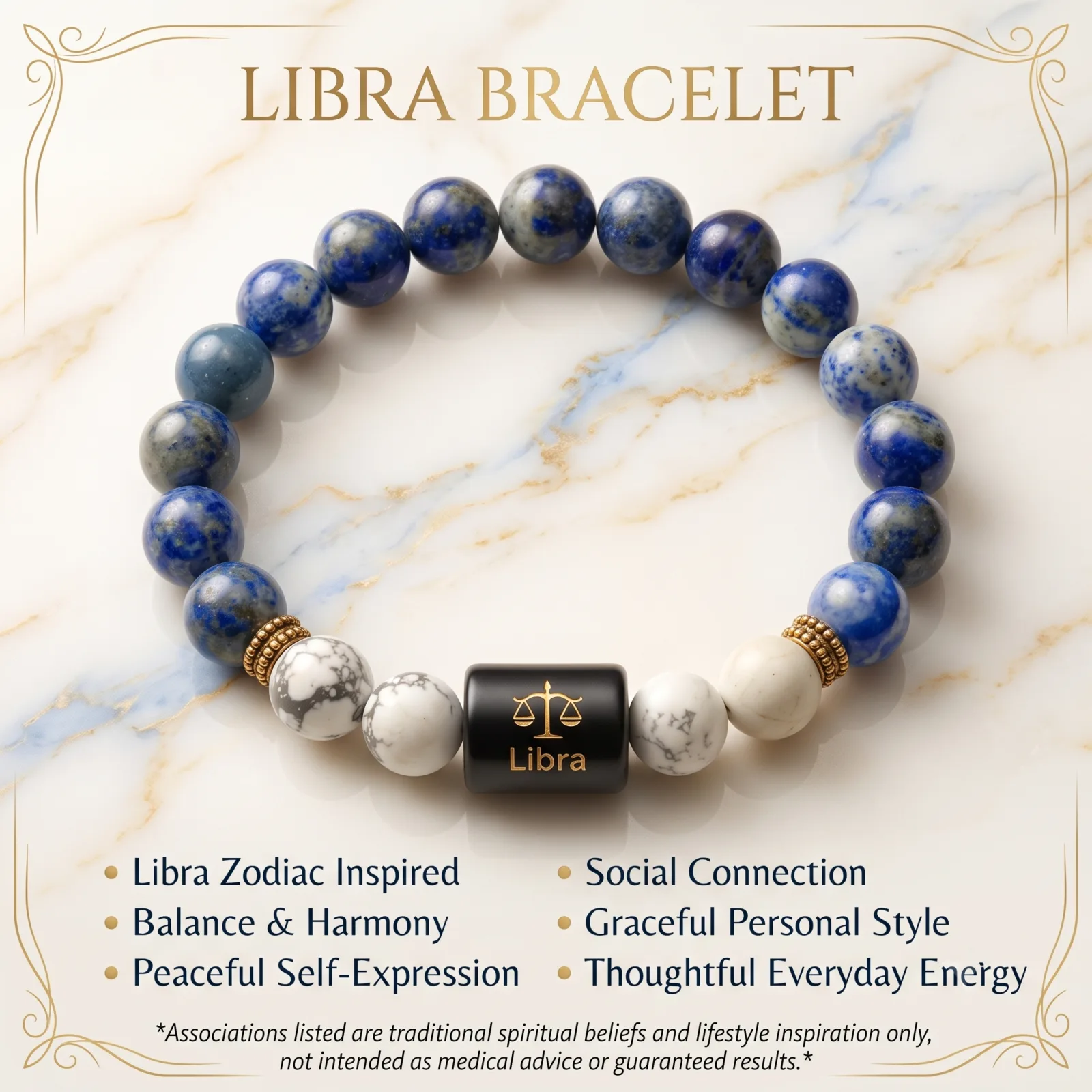 Libra Zodiac Lapis Lazuli & Howlite Bracelet