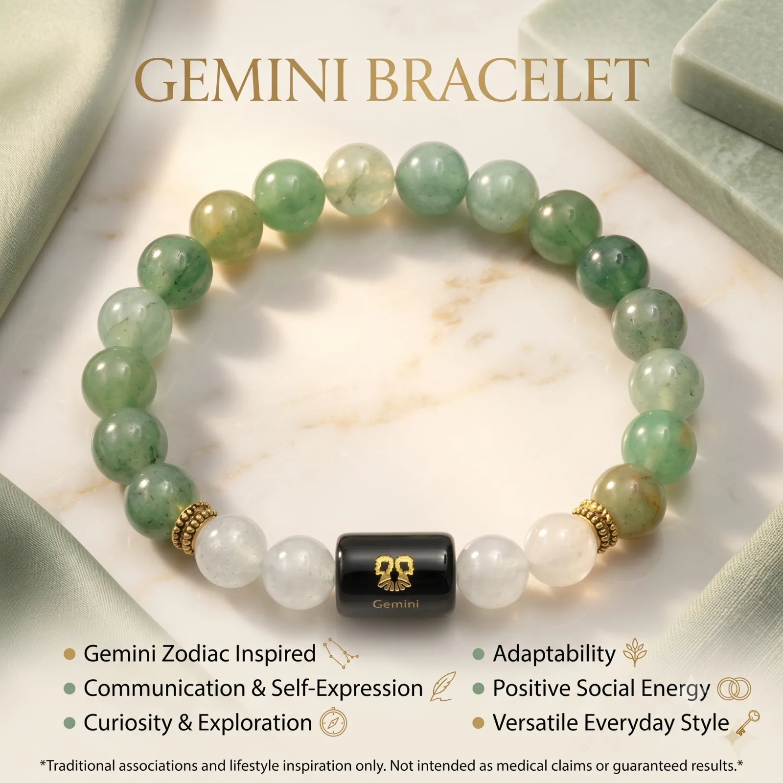Gemini Zodiac Green Aventurine & Clear Quartz Bracelet