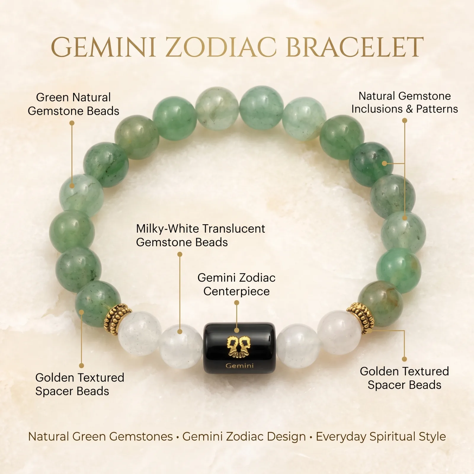 Gemini Zodiac Green Aventurine & Clear Quartz Bracelet