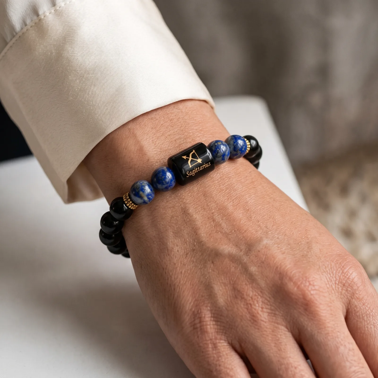Sagittarius Zodiac Black Obsidian & Lapis Lazuli Bracelet