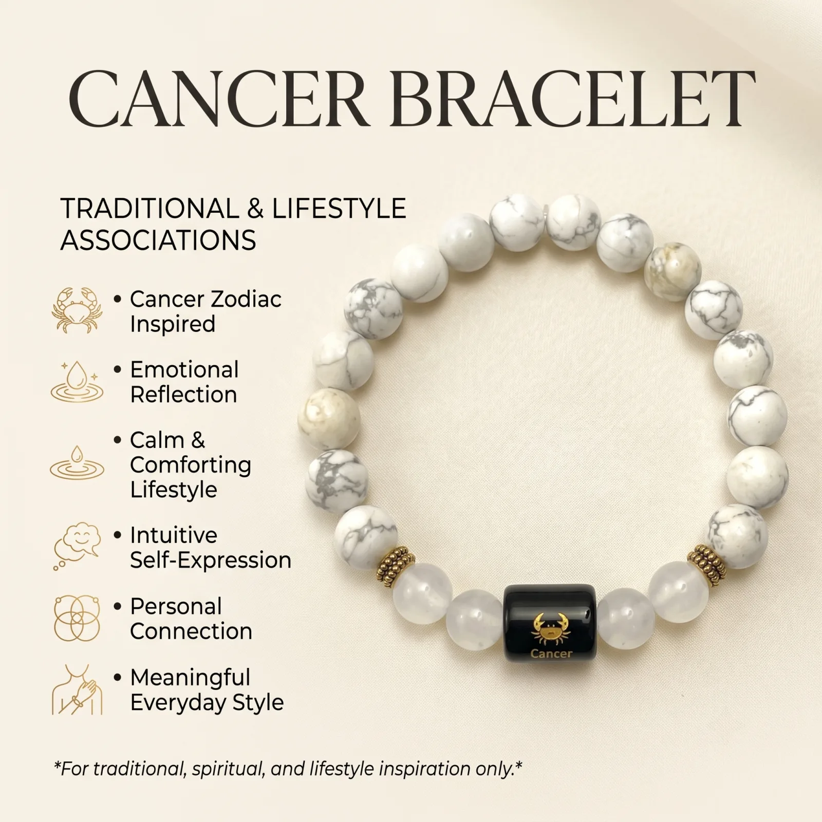 Cancer Zodiac Howlite & Clear Quartz Bracelet