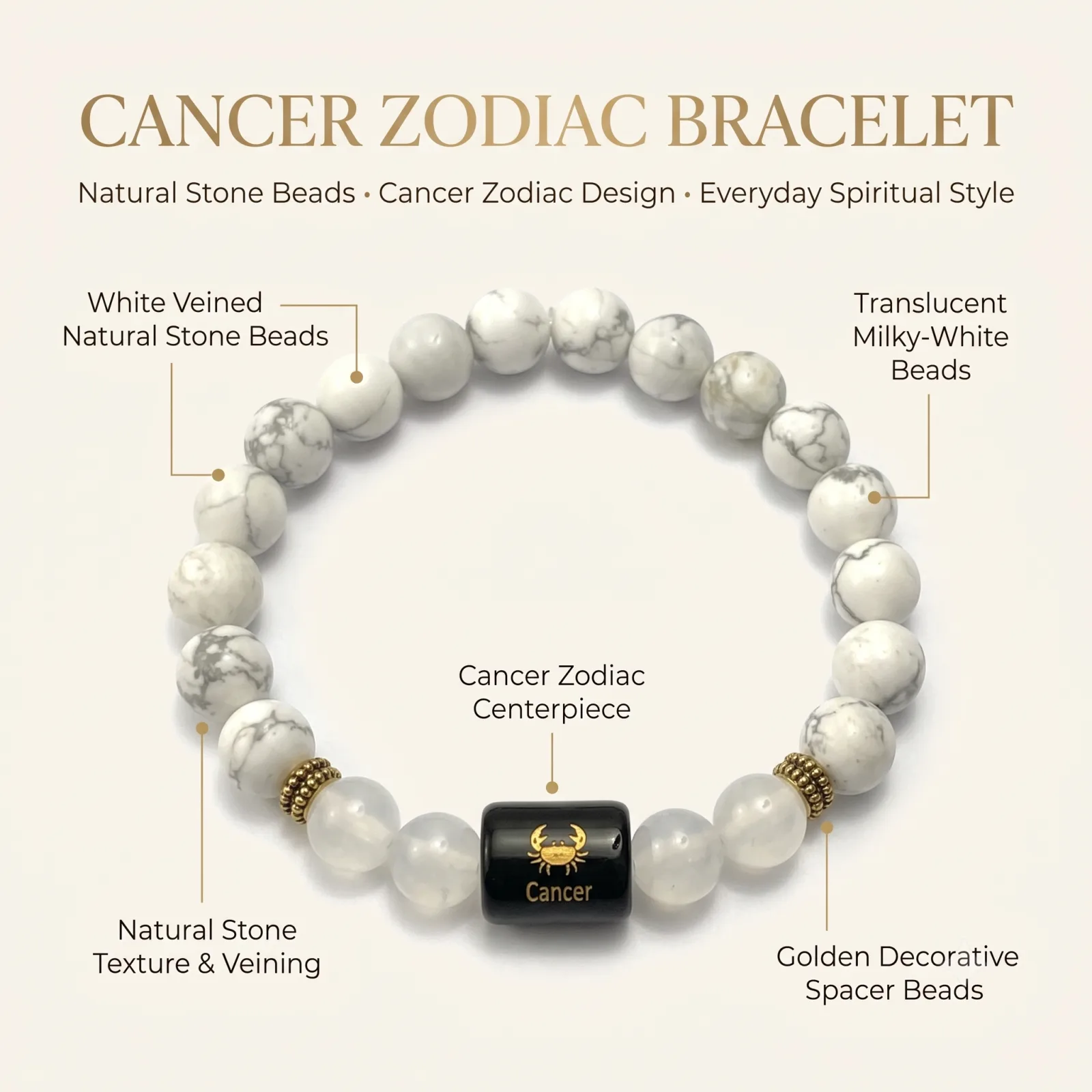 Cancer Zodiac Howlite & Clear Quartz Bracelet