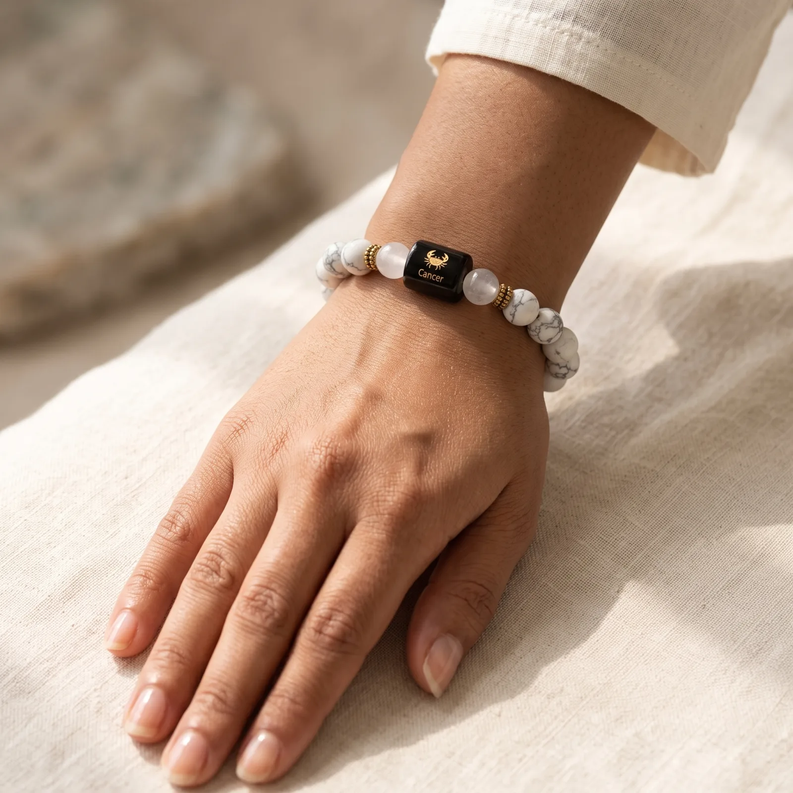 Cancer Zodiac Howlite & Clear Quartz Bracelet