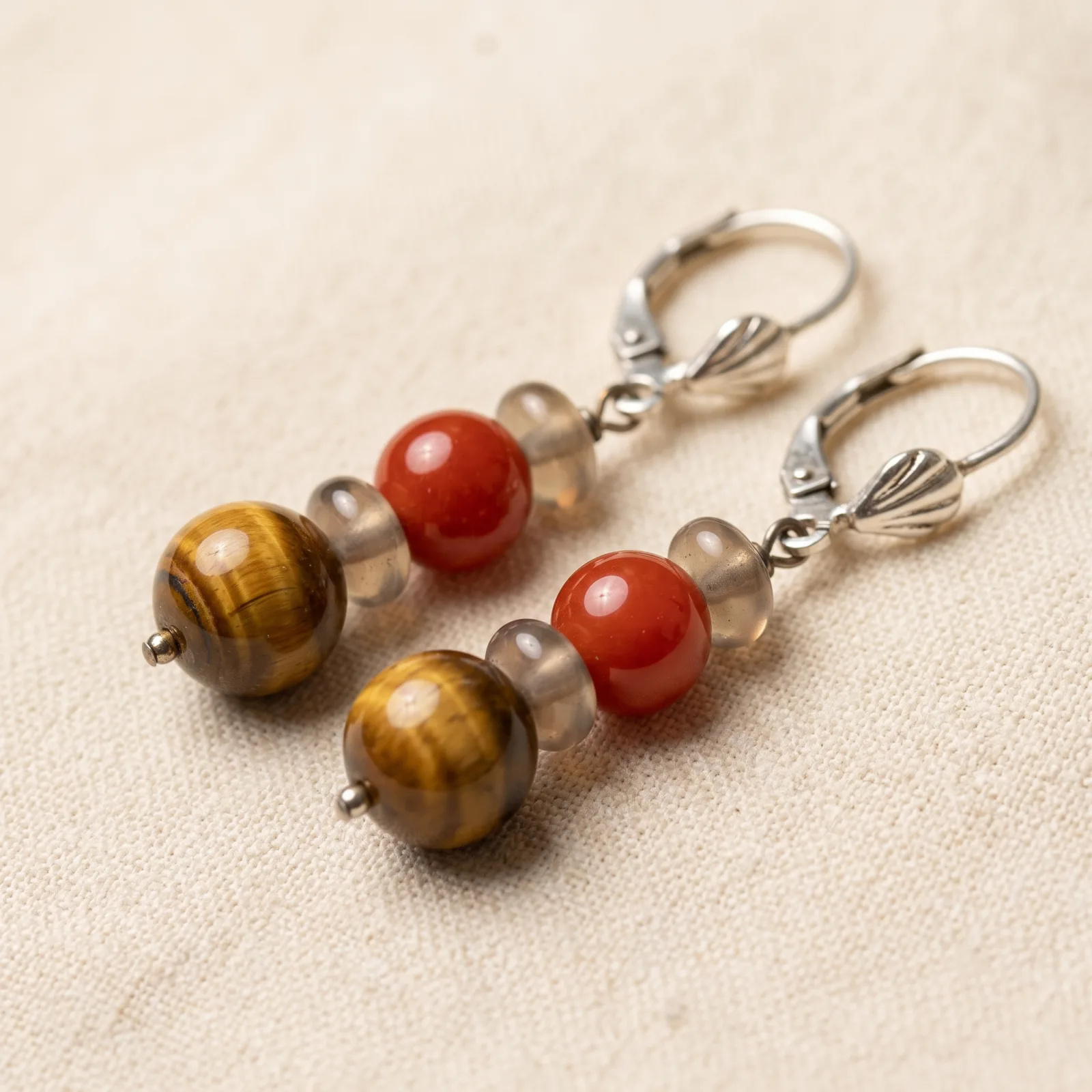 Tiger eye, Red jasper & Smoky Quartz Earrings