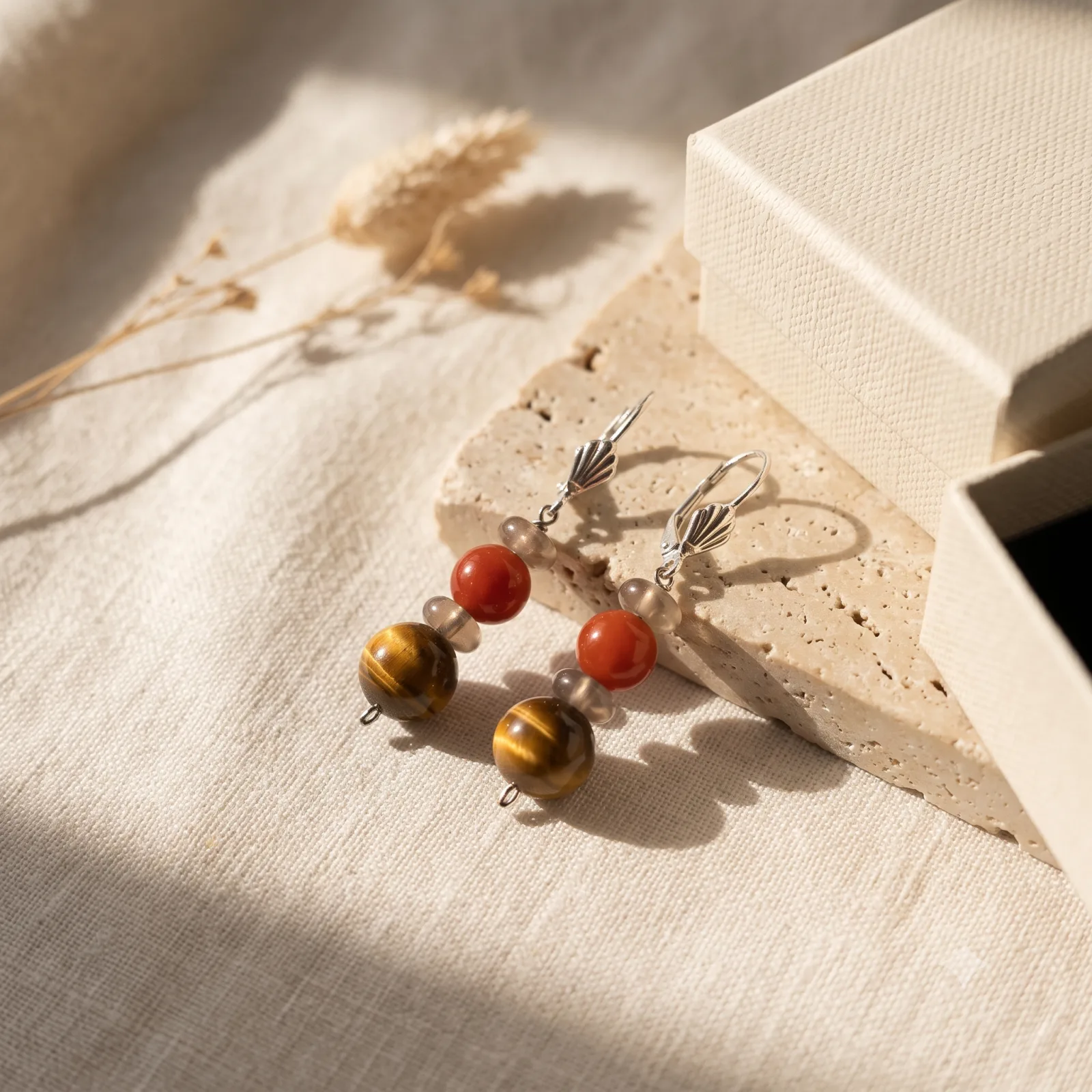 Tiger eye, Red jasper & Smoky Quartz Earrings