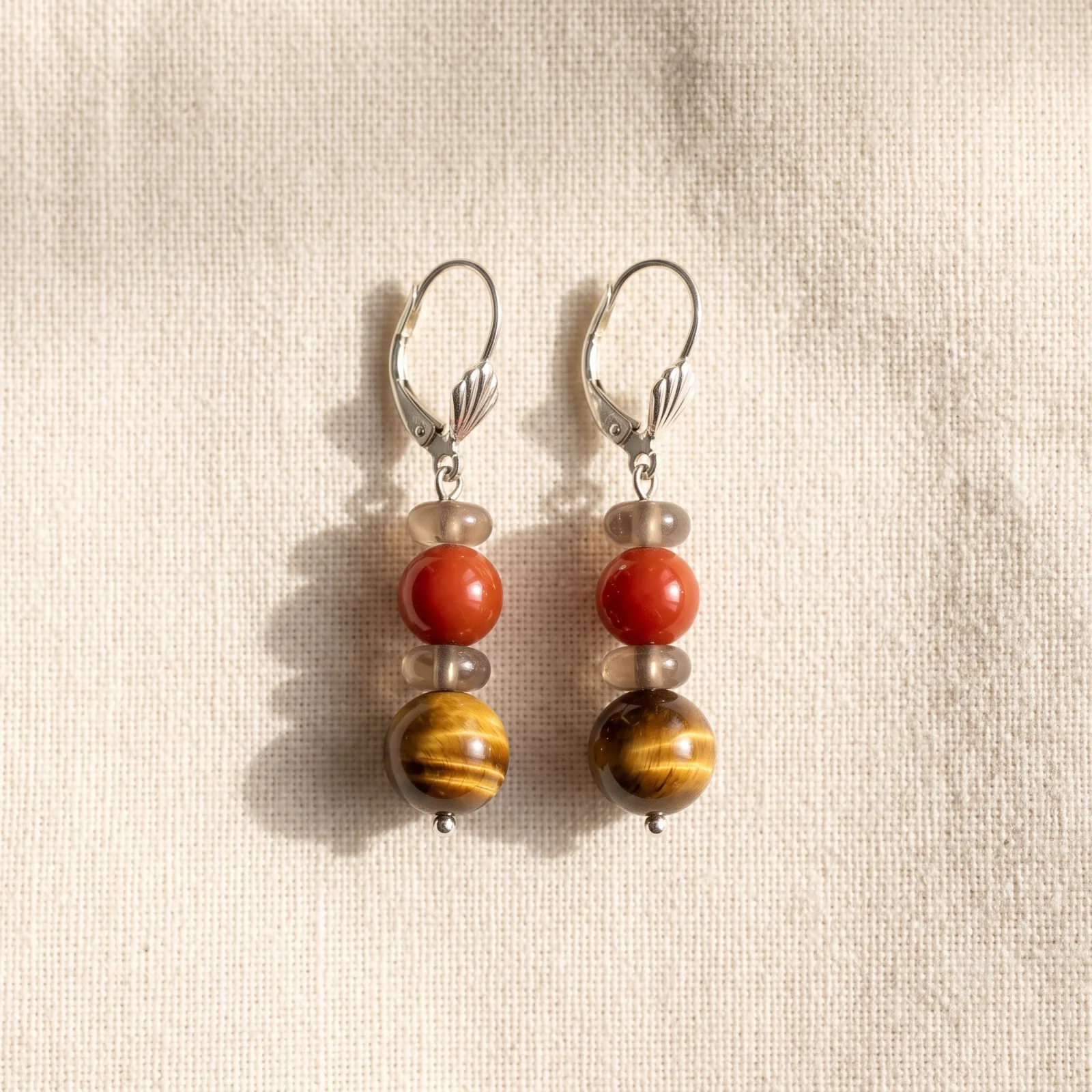 Tiger eye, Red jasper & Smoky Quartz Earrings